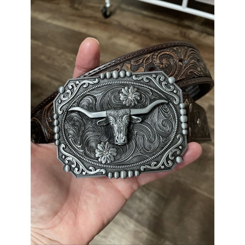 Nocona Tooled Brown Leather Belt w Big Silver Toned Steed Buckle SZ S 28" - 32"
